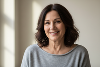 60 year old brunette lady wearing very simple at home clothes headshot